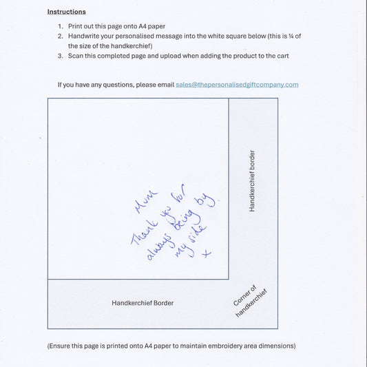 Handwritten personalisation instructions for a handkerchief on a white background