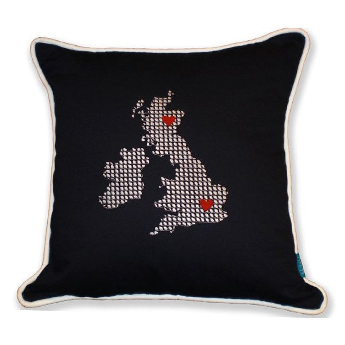 Navy UK & Ireland Cushion With Hearts by Kate Sproston Design