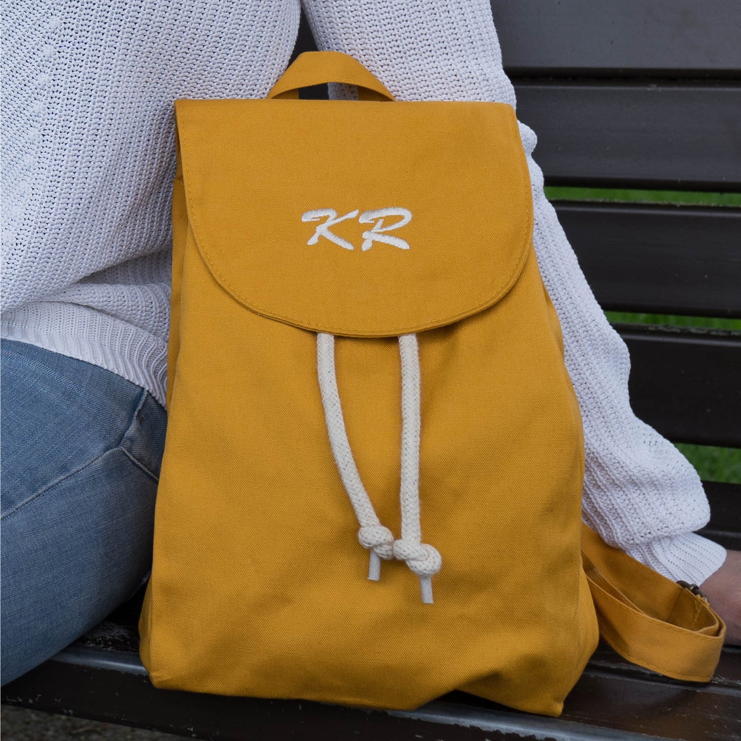 Mustard Personalised Mini Rucksack closeup image - available at thepersonalisedgiftcompany.com
