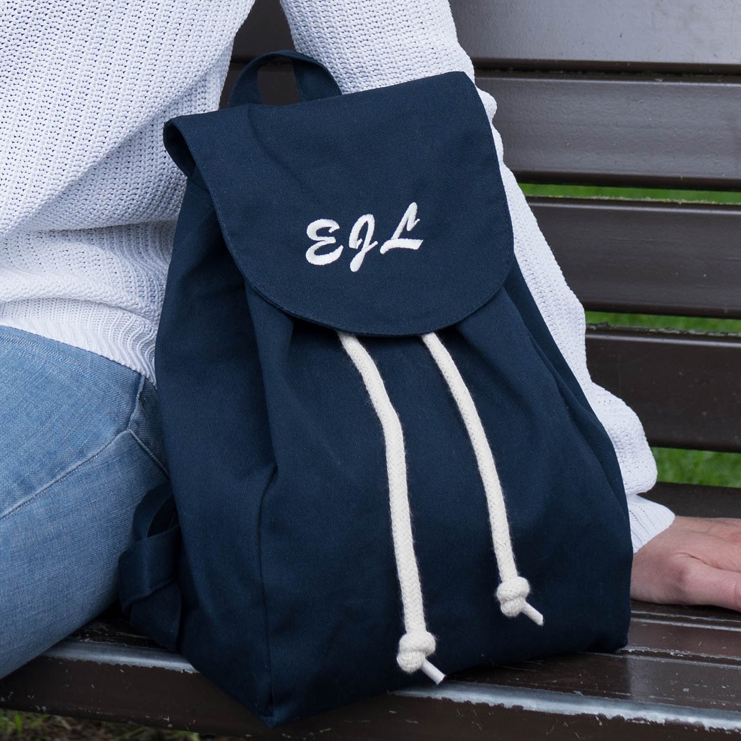 Navy Blue Personalised Mini Rucksack closeup image - available at thepersonalisedgiftcompany.com