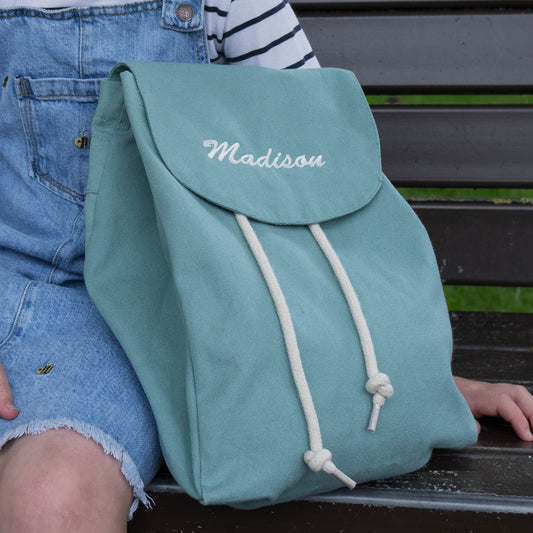 Sage Green Personalised Mini Rucksack closeup image - available at thepersonalisedgiftcompany.com