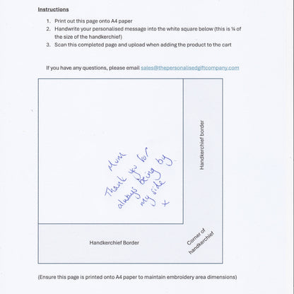 Handwritten personalisation instructions for a handkerchief on a white background