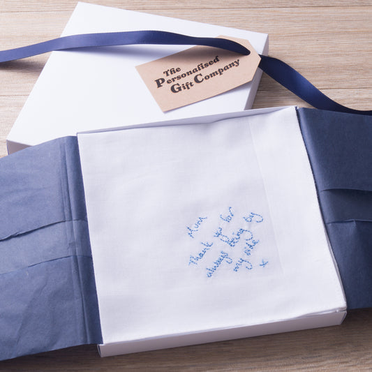 Embroidered Handwritten 12” White Cotton Handkerchief with giftbox